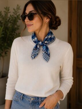 Loro Piana Blue Silk Scarf 24” Square Geometric Wave Print Made in Italy
